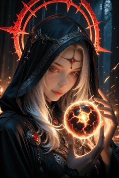 AI generated video: A female sorceress holds a glowing magical orb, the red magical halo behind her…