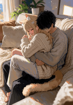 AI generated video: A warm anime illustration comes to life. On a sofa in afternoon sunlight, a…