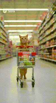 Видео, сгенерированное нейросетью: Mach das eine Katze einkaufen, geht mit einem Einkaufswagen und in den…