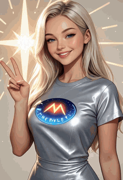 AI generated video: woman upper body, Platinum Blonde hair, hand v sign, smiling, , wearing Jersey…