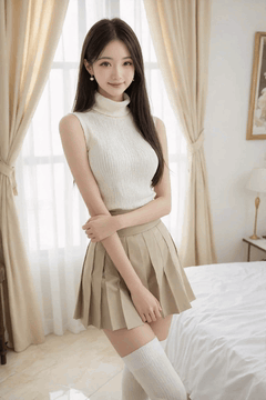 AI generated video: A young woman stands by the bed, smiles, and leaning back, The window curtain…