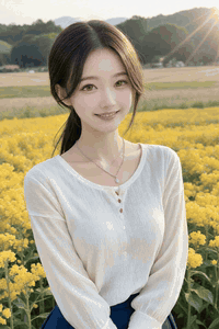 Видео, сгенерированное нейросетью: A young woman standing in a yellow flower field standing still with a smile…