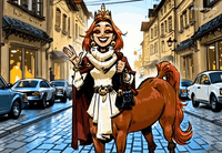 AI generated video: centaur woman, trotting, waving hello, moving tail, takes smartphone from purse,