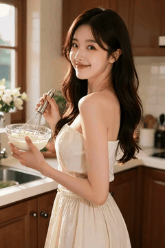 AI generated video: A woman is cooking while stirring the dough in the kitchen, Hair flutters in…