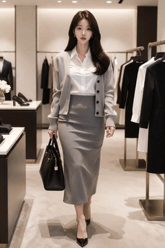 AI generated video: A woman dressed in business casual is walking from the clothing store towards…