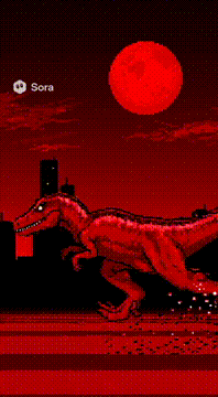 AI generated video: アニメMV。ドット調。猛スピード猛ダッシュする🦖恐竜。テンポのいい激しく重い曲。色は赤だけ。セリフなし。歌詞無し。