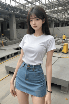 AI generated video: A young woman stands in front of a construction site and moves her body…