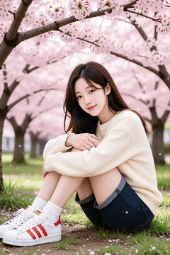 AI generated video: A young woman is sitting in the grass under a cherry blossom tree and smiling…