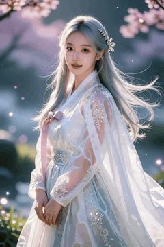 AI generated video: A woman in a silver haired hanbok stands and smiles,, Her long hair and hem are…