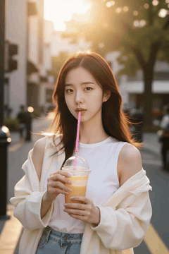 AI generated video: A young woman sips a drink on the street, her long hair is blowing in the wind…