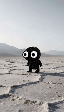 AI generated video: The scribbled ink doodle creature stands alone on the salt flat. Soft desert…