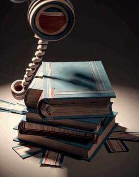 AI generated video: BooksWorld, an old camera covered in chocolate-brown calfskin bindings…