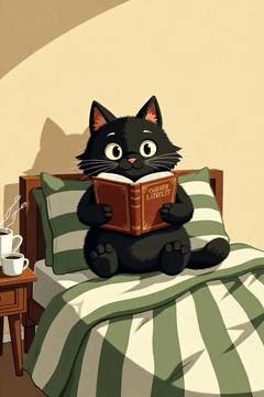 AI generated video: A black cat sits on a bed reading a book, tail softly sways, steam curls gently…