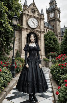 AI generated video: Begin with a static shot of a woman in a full, flowing black dress and long…