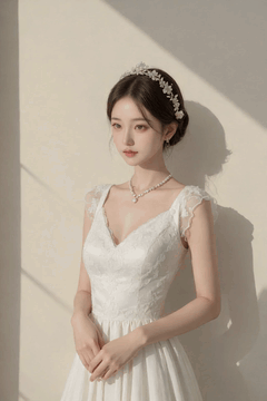 AI generated video: The bride in a wedding dress is standing leaning against the wall and, the soft…