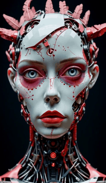 AI generated video: subject_definitions: <Subject 1> (Android): A female android with a split-face…