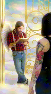 AI generated video: A hipster angel is judging someone’s tattoos before letting them into heaven or…