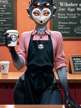AI generated video: a male Stolas from Helluva Boss as a barista in a coffee shop. He sets the cup…