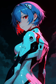 AI generated video: Anime portrait of a blue-haired girl in a white and cyan plugsuit with red…