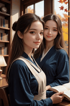AI generated video: In a warmly lit, autumnal study with wooden shelves and falling maple leaves…