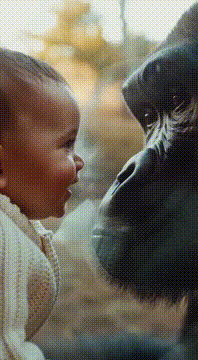AI generated video: Close-up of baby face pressed near glass, baby smiling and looking at gorilla…