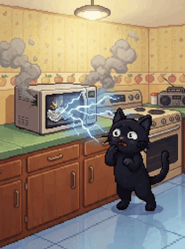 AI generated video: a pixel black is standing in front a oven. the cat is looking at a microwave…