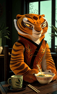 AI generated video: The scene is a 3D CGI animated style of the film KFP, featuring Tigress an…