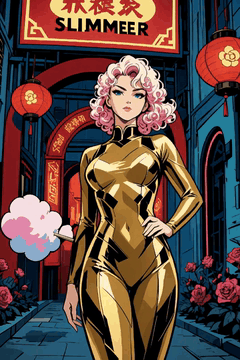 AI generated video: Model with cotton-candy curls and shimmering rose-gold bodysuit, standing…