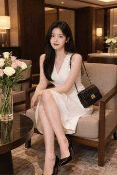 AI generated video: A woman in a white dress is sitting cross legged on a sofa, hair shakes…