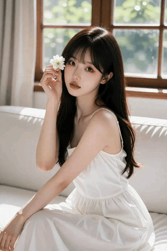 AI generated video: A woman in a white dress is sitting on the sofa holding a flower close to her…