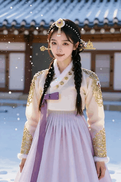 AI generated video: A woman wearing a hanbok is standing in a snowy hanok yard and smiling…