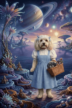 AI generated video: the white fluffy dog in the blue dress exploring the colorful alien planet…