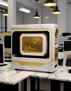 AI generated video: MarbleGoldWorld computer in a tech startup office