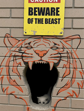 AI generated video: A pitch-black, empty tiger-head-shaped hole in a brick wall. A tiny white…