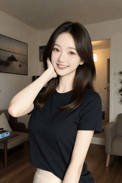 AI generated video: A young woman puts her hands on her cheeks and smiles, Her long hair shakes…