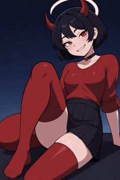 AI generated video: IllusP0s, 1 girl, horns, thighhighs, red shirt, black hair, black skirt, red…