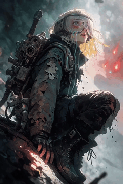 AI generated video: A lone warrior crouches on a rocky outcrop in a desolate, post-apocalyptic…