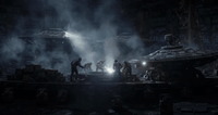 AI生成视频：ATMOSPHERIC, LOW-LIGHT CINEMA. A massive, colossal UFO fabrication hangar…