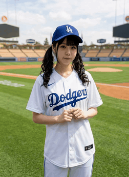 AI generated video: A young woman in a white Los Angeles Dodgers jersey and blue cap stands on a…