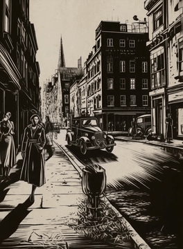 AI generated video: This video is shot in da0klfe, black and white woodcut-style illustration style…
