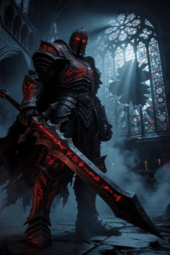 AI generated video: dark armored knight idle animation, slowly brushing the large glowing red sword…