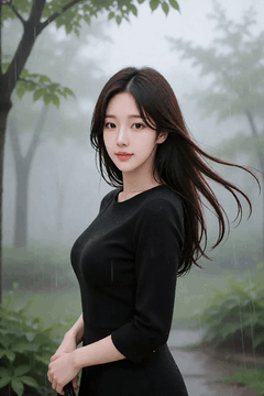 Видео, сгенерированное нейросетью: A woman in a black dress is standing in a rainy park,, her long hair is blowing…