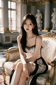 AI generated video: A young woman is sitting on a luxury sofa and the sunlight is streaming softly…