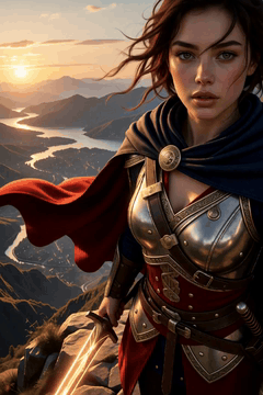 AI generated video: woman closeup, A female warrior standing atop a mountain peak at dawn…