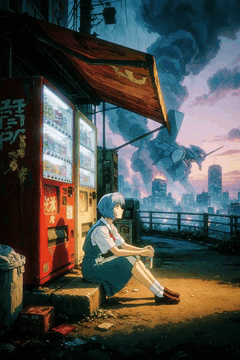Видео, сгенерированное нейросетью: The girl in the forground (Ayanami Rei) takes a sip from her drink and stares…