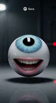 AI generated video: A madly giggling bouncing blue eyeball with a full mouth of teeth smiling