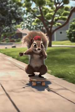 AI generated video: Cinematic, medium shot, eye-level angle. A fluffy dynamic brown squirrel…