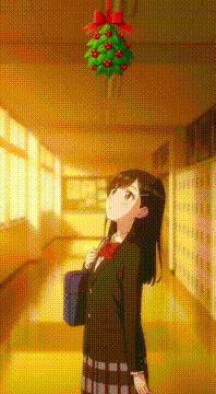 AI generated video: 学校の廊下、飾られたヤドリギ（Mistletoe）の下。制服姿の女子高生が立ち止まり、恋に憧れるように上を見上げている。ヤドリギの葉が集まり、緑色の輝く葉と赤い…
