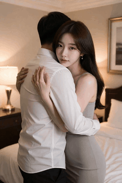 AI generated video: A couple of men and women are hugging in the bedroom, and, the woman is smiling…