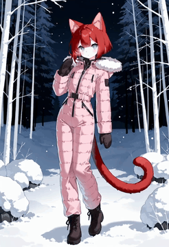 AI generated video: winter forest,snowfall,night,solo,1boy,trap,flat chest,skinny,catboy,red…